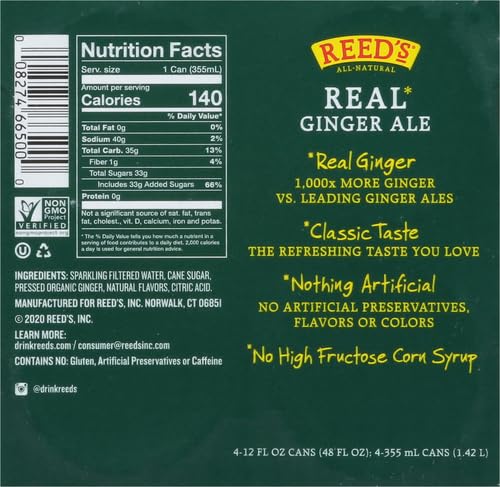 Reeds Ginger Brew, Soda Real Ginger Ale, 12 Fl Oz, 4 Pack