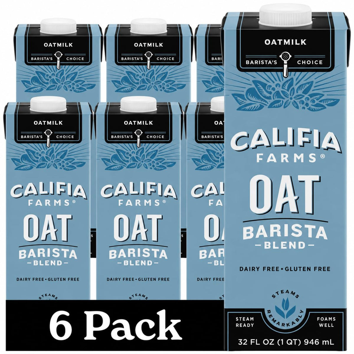 Califia Farms - Oat Barista Blend Oat Milk, 32 Oz (Pack of 6), Shelf Stable, Dairy Free, Plant Based, Vegan, Gluten Free, Non GMO, High Calcium, Milk Frother, Creamer, Oatmilk