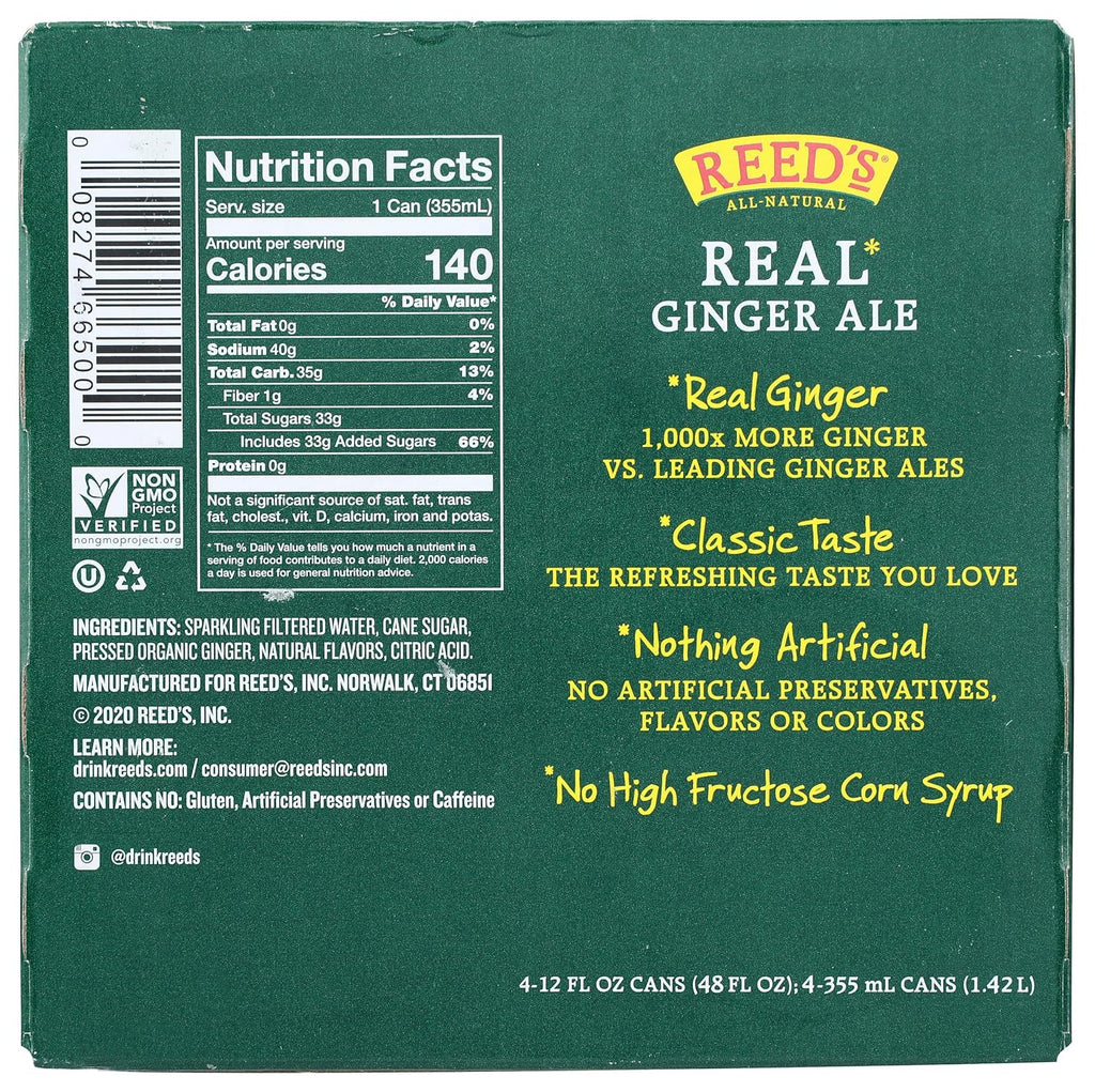 Reeds Ginger Brew, Soda Real Ginger Ale, 12 Fl Oz, 4 Pack