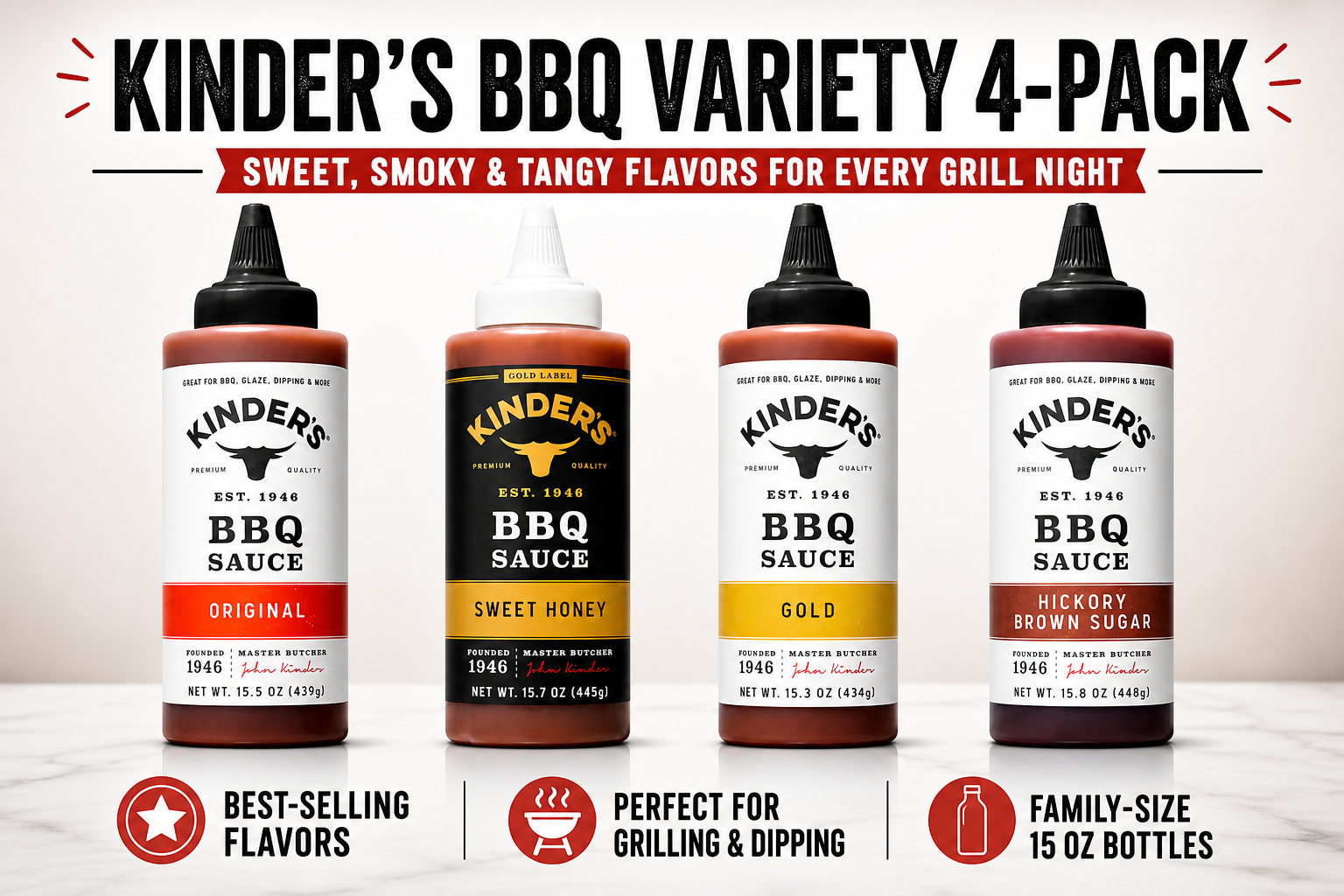 Kinder’s BBQ Sauce Variety 4‑Pack – Sweet, Smoky & Tangy In One Box ( Original, Sweet Honey, Gold, Hickory Brown Sugar)